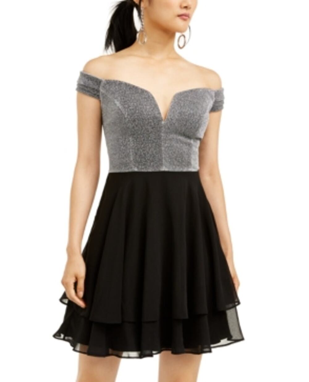 City Studio Black Silver Metallic Fit & Flare Dress Womens XS Junior 3 NWT